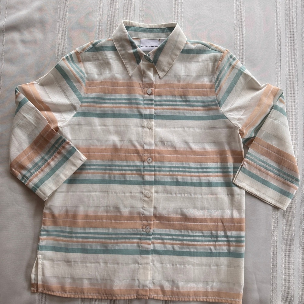 Alfred Dunner Striped Button Down Shirt Teal Tan White Cotton Blend Size 8